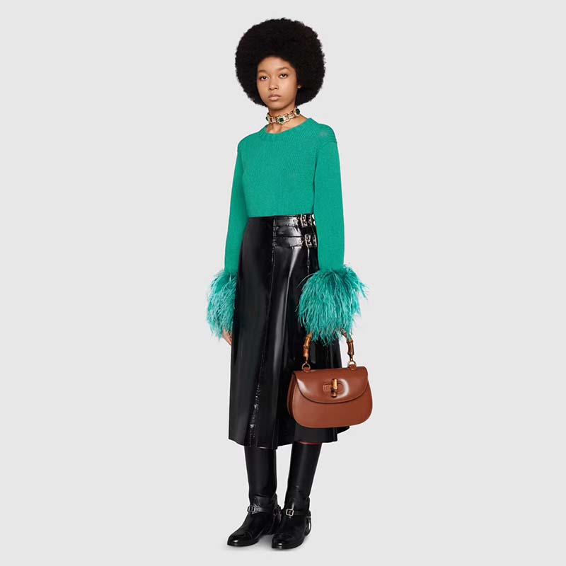 Gucci GG Women Detachable Feathers Wool Sweater Double G Embroidery Crewneck