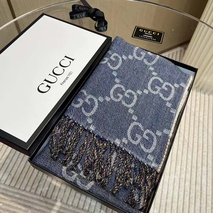 Gucci Unisex GG Jacquard Knit Scarf Tassels Navy Brown Wool