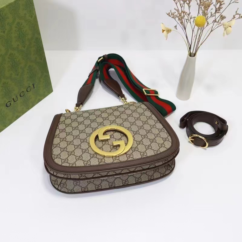Gucci Women GG Blondie Medium Shoulder Bag Beige Ebony GG Supreme Canvas