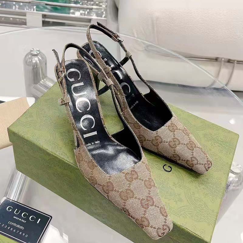 Gucci Women GG Slingback Pump Beige Ebony Original GG Canvas 8 cm Heel