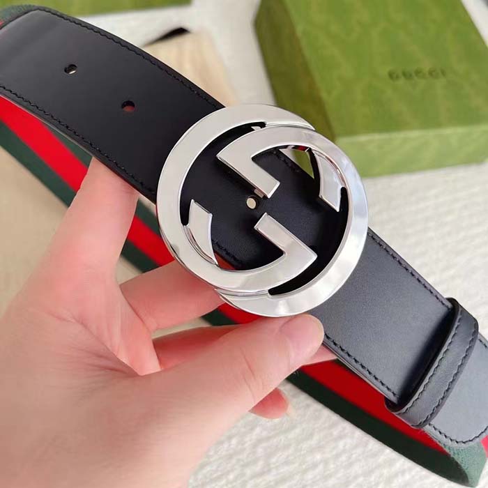 Gucci Unisex GG Web Belt Interlocking G Buckle Green Red Web Black Leather 3.8 CM Width