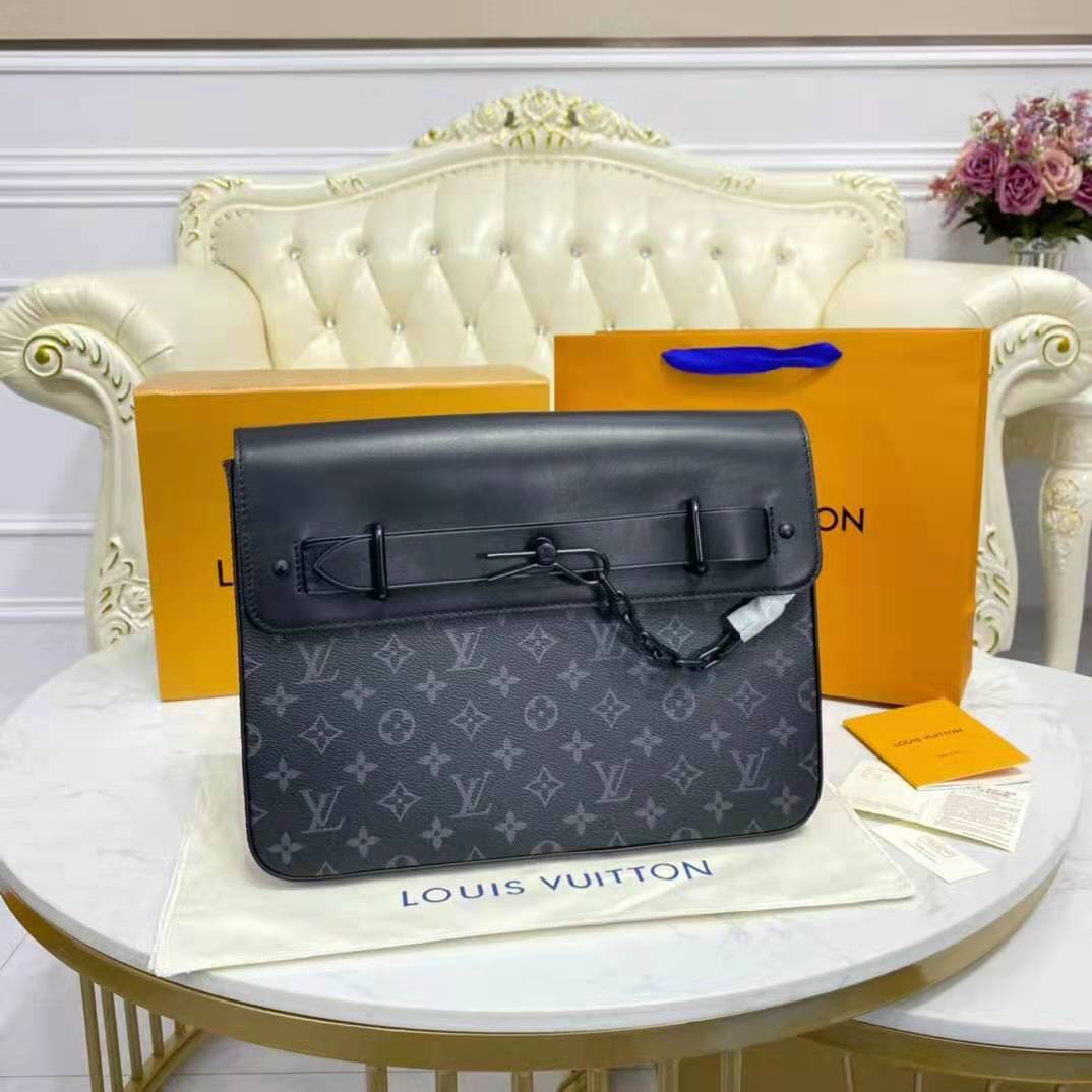 Louis Vuitton LV Unisex Pochette Steamer Monogram Eclipse Coated Canvas Cowhide Leather