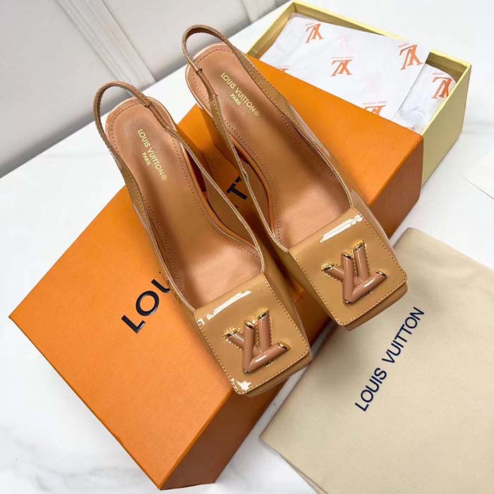 Louis Vuitton LV Women Shake Slingback Pump Brown Patent Calf Leather Lambskin 5.5 Cm Heel