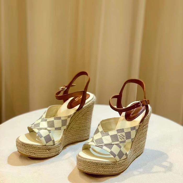 Louis Vuitton LV Women Starboard Wedge Sandal Natural Damier Azur Canvas Calf Leather
