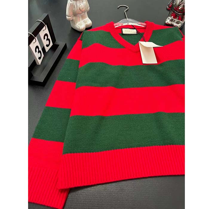 Gucci Women GG Felted Wool Striped Sweater V-Neck Dropped Shoulder Long Sleeves