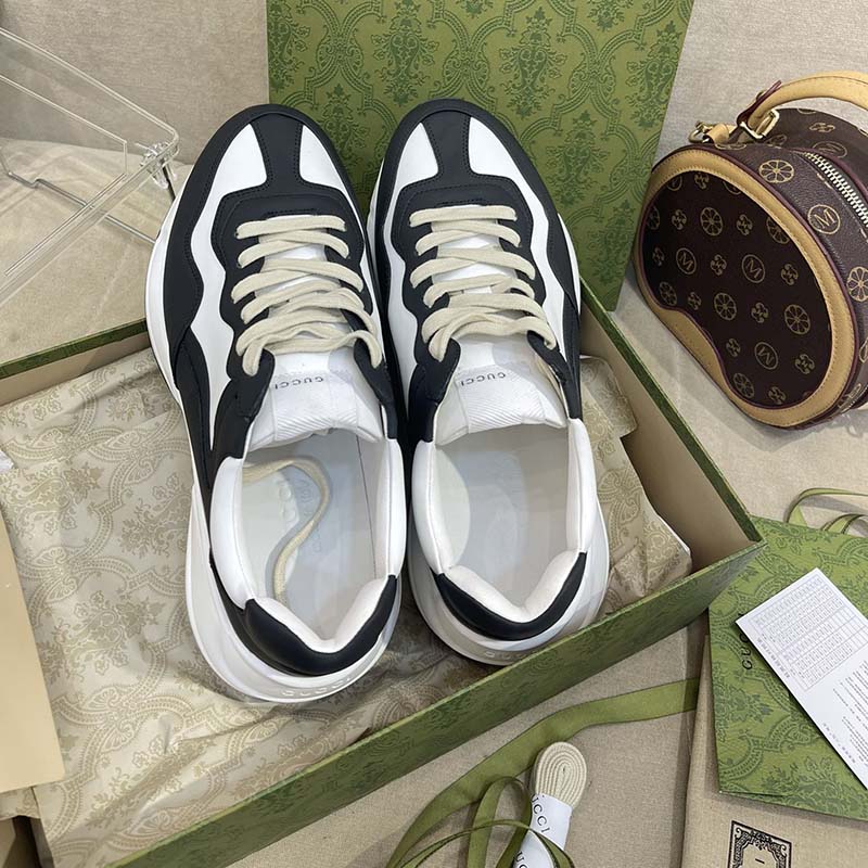 Gucci Unisex GG Rhyton Sneaker Black White Leather Rubber Sole 5 Cm Low Heel