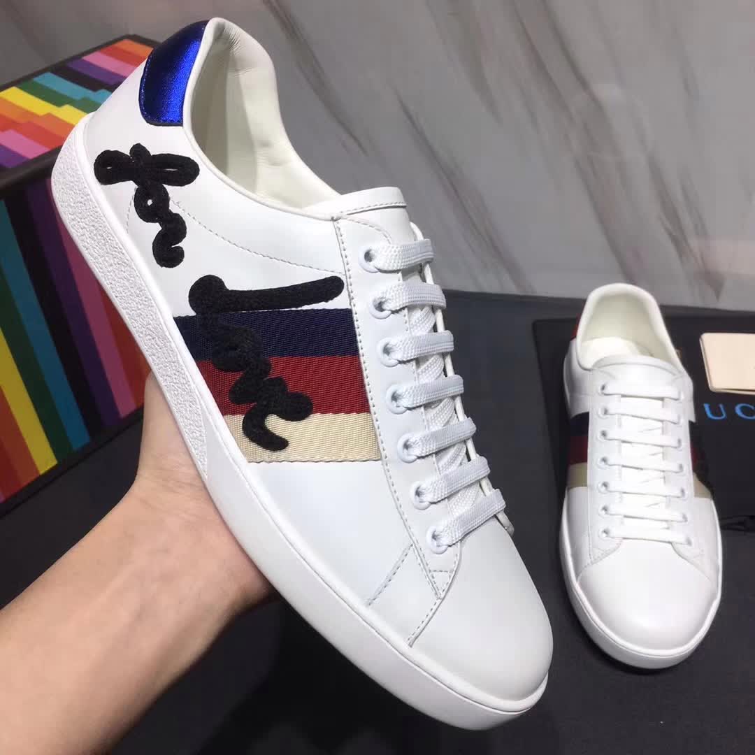 Gucci Men Ace Embroidered Sneaker Shoes in Leather with Sylvie Web-White
