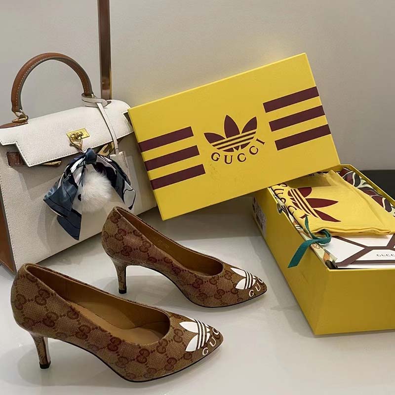 Gucci Women Adidas x Gucci GG Pump Beige Brown GG Crystal Canvas 9 Cm Heel