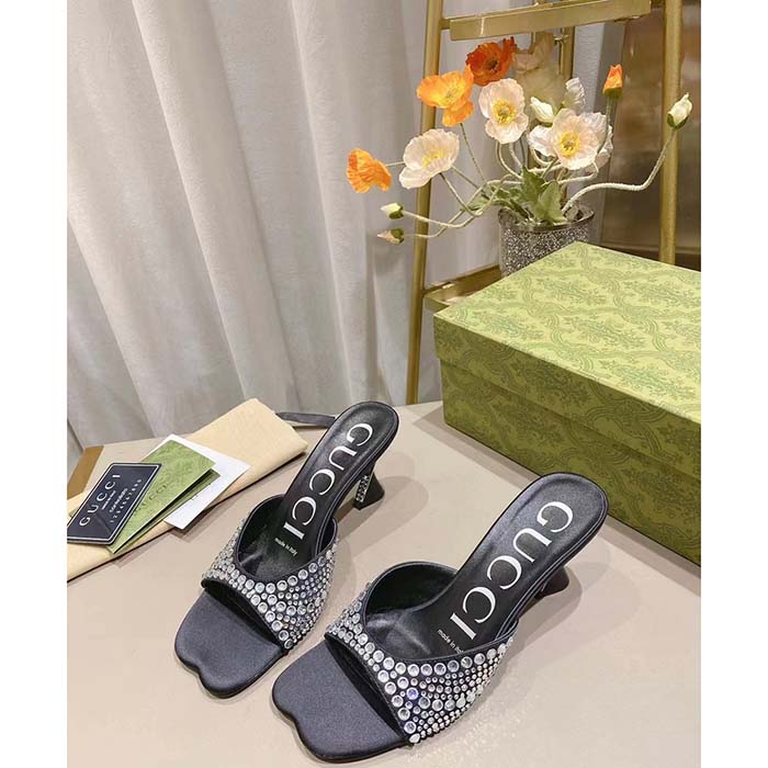 Gucci Women GG Slide Sandal Crystals Black Silk Satin Mid 6 CM Heel