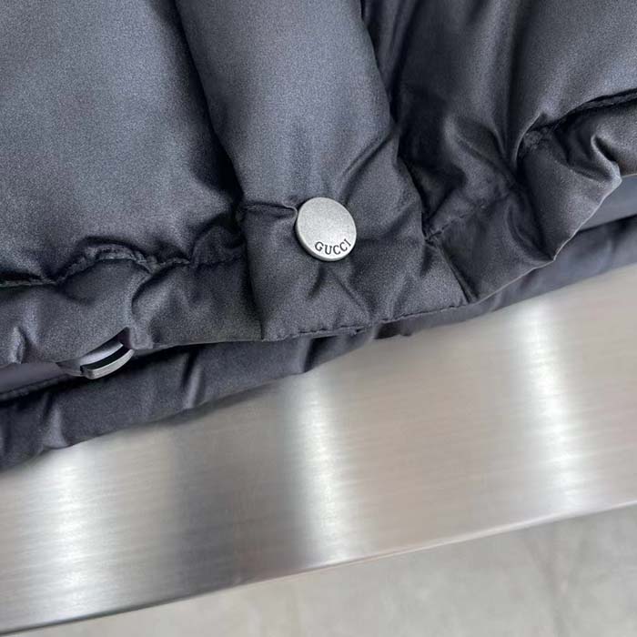 Gucci Women GG Water Repellant Down Jacket Black Water Nylon Satin Zip Front Zip Pockets