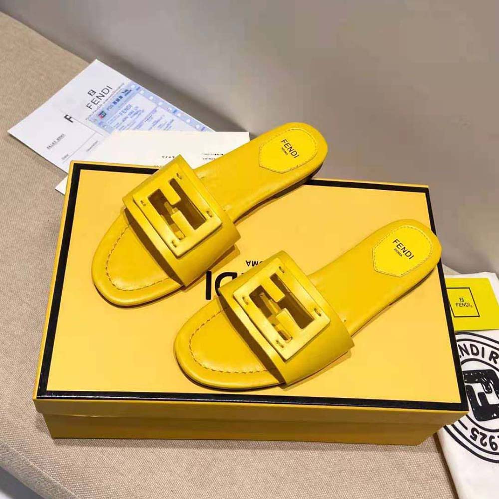 Fendi Women Signature Yellow Leather Slides in 0.4 inches Heel Height