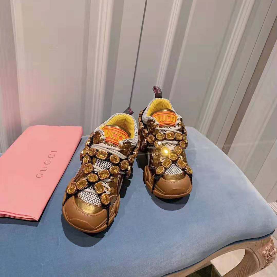 Gucci Women Flashtrek Sneaker with Removable Crystals 5.6cm Height-Gold