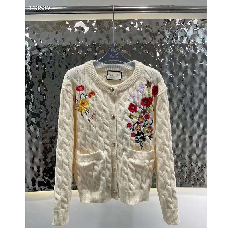 Gucci Women GG Lovelight Cotton Cardigan Embroidery White Floral Embroidery Crewneck