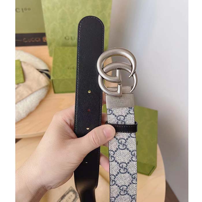 Gucci Unisex GG Marmont Reversible Belt Beige Blue GG Supreme Canvas Double G Buckle