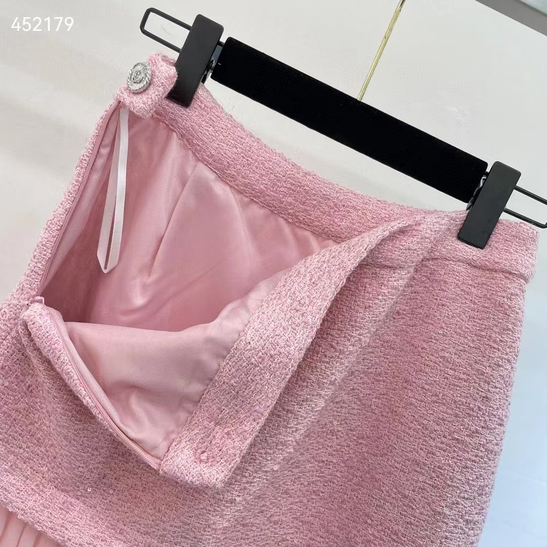 Gucci Women GG Silk Tweed Layered Skirt Pink Fitted Waistband Front Split Style ‎760862 ZAPUO 5642