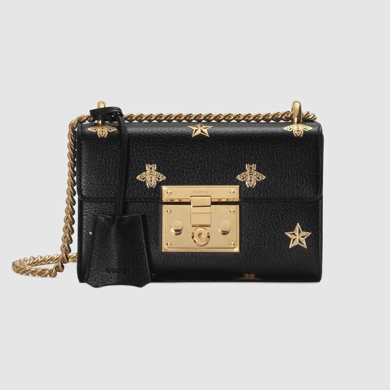 Gucci GG Women Padlock Bee Star Small Shoulder Bag in Leather with Gold Bees and Stars Print