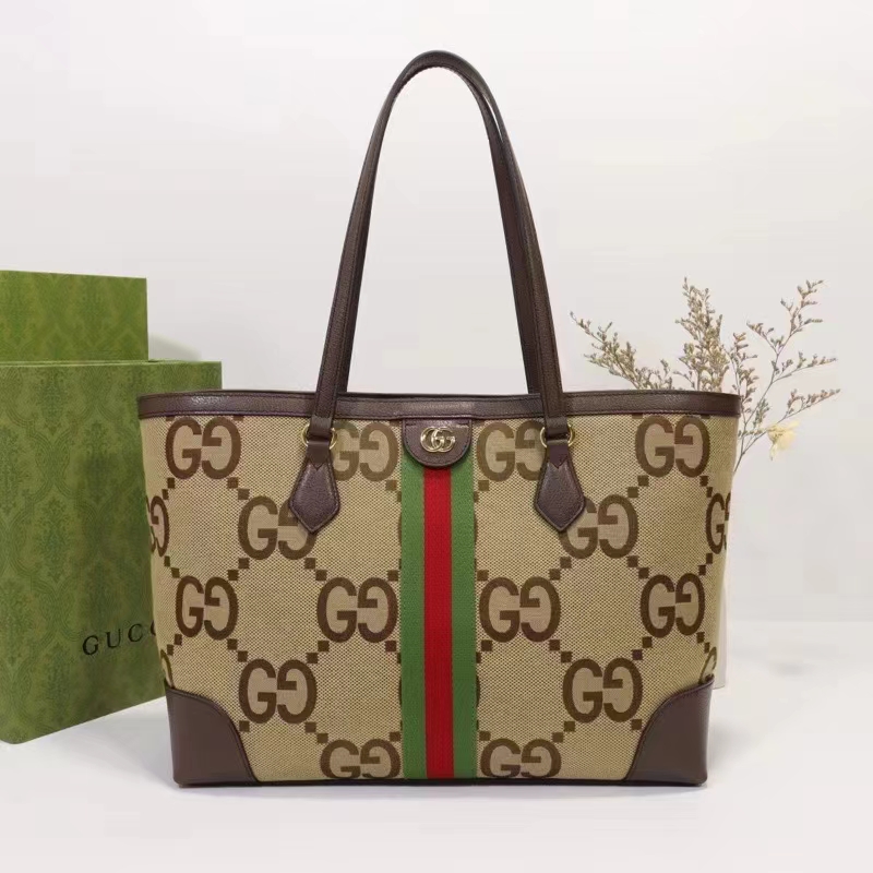 Gucci Unisex Ophidia Jumbo GG Medium Tote Camel Ebony Canvas Double G