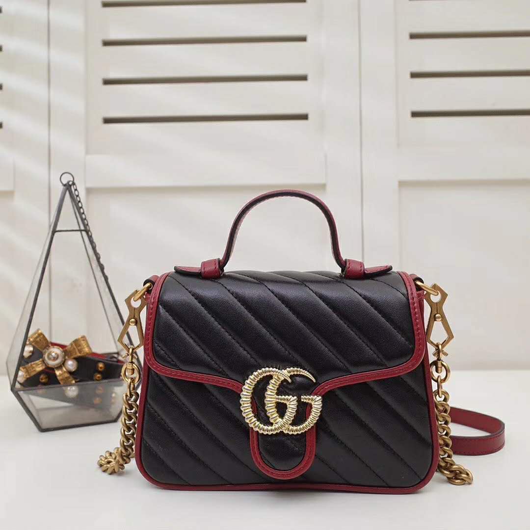 Gucci GG Women GG Marmont Mini Top Handle Bag in Black Diagonal Matelassé Leather