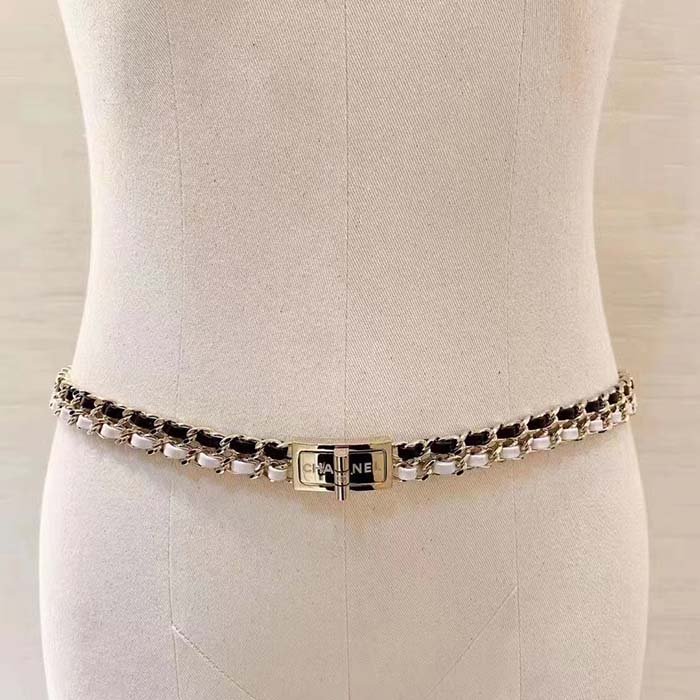 Chanel Women CC Belt Gold Tone Metal Black White Calfskin Lambskin Leather