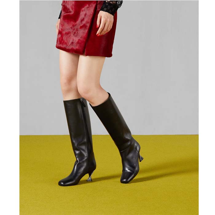 Gucci Women GG Boot Black Leather Geometric Heel Metal Inserts Mid-Heel