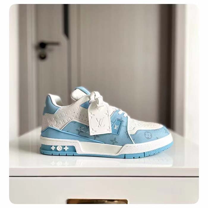 Louis Vuitton Unisex LV Trainer Sneaker Blue Mix Materials Rubber Initials Monogram Flowers