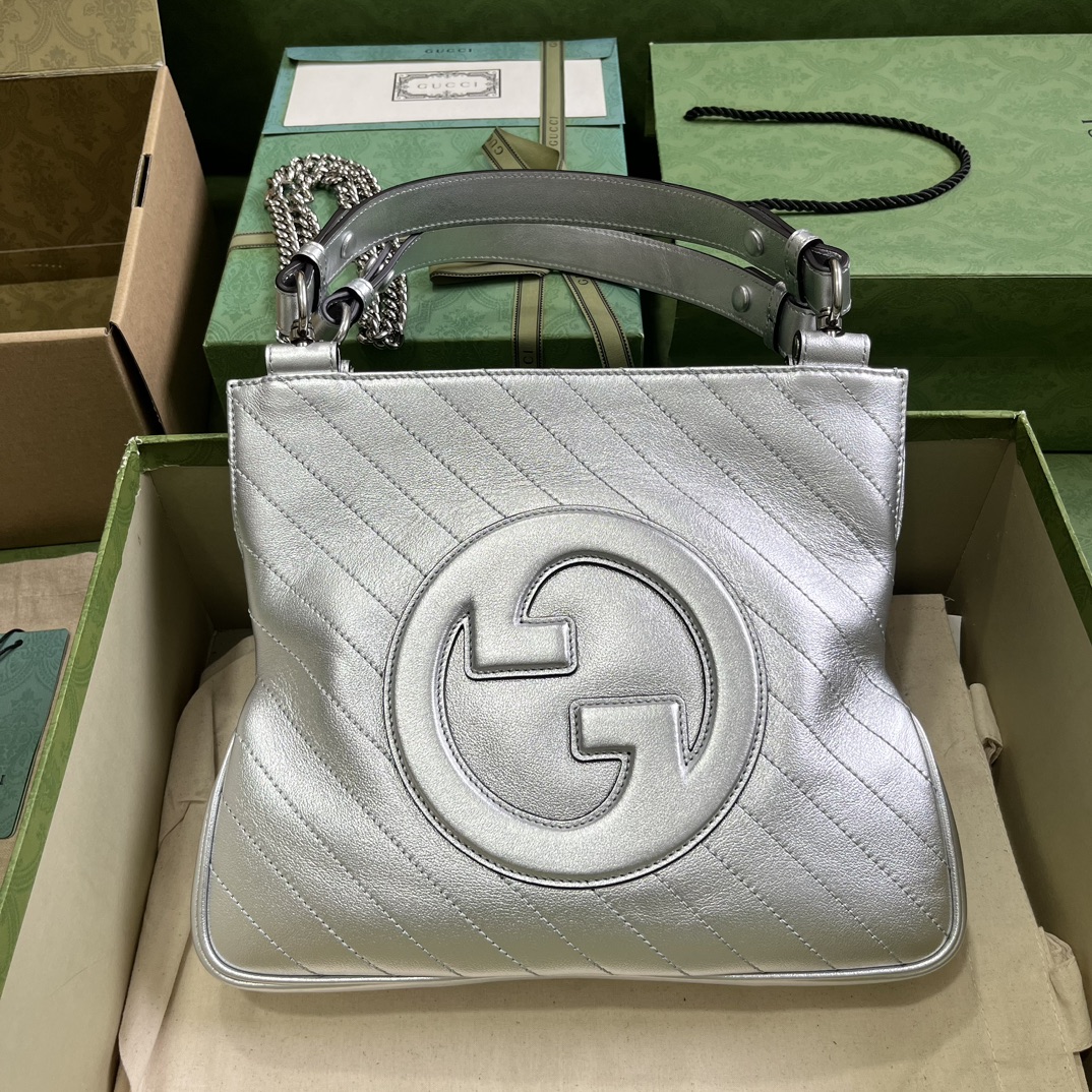 Gucci Women GG Blondie Small Tote Bag Silver Lamé Leather Round Interlocking G