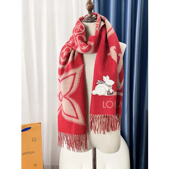 Louis Vuitton LV Unisex Precious Rabbit Reykjavik Scarf Red Cashmere Monogram Flowers