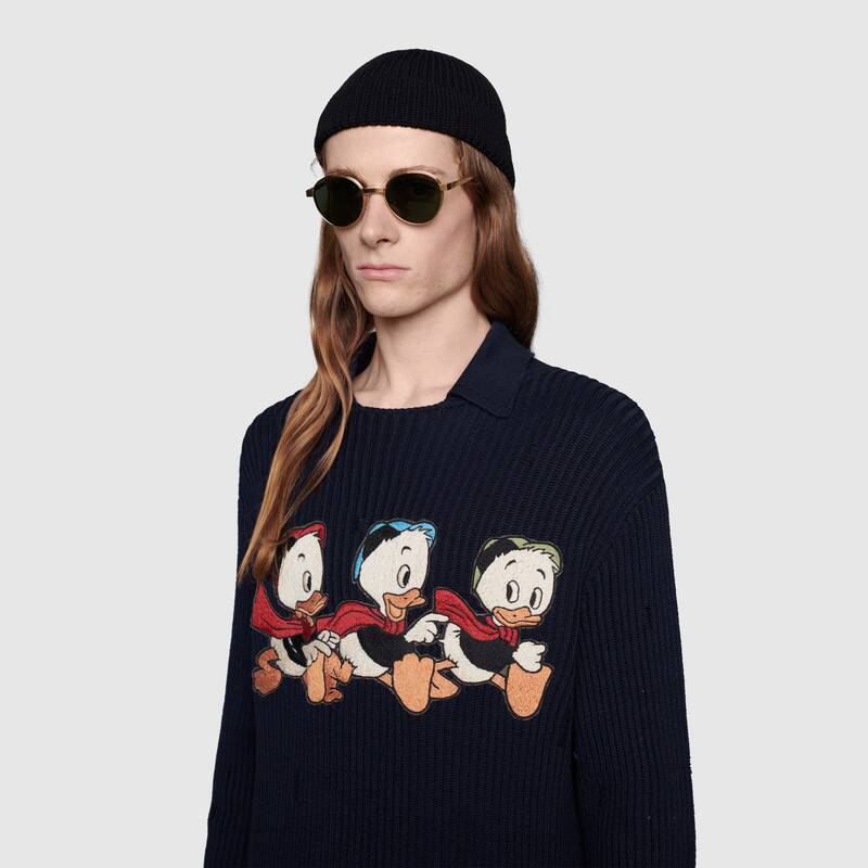Gucci Men Disney x Gucci Donald Duck Cotton Wool Sweater Holes Crewneck Collar-Navy