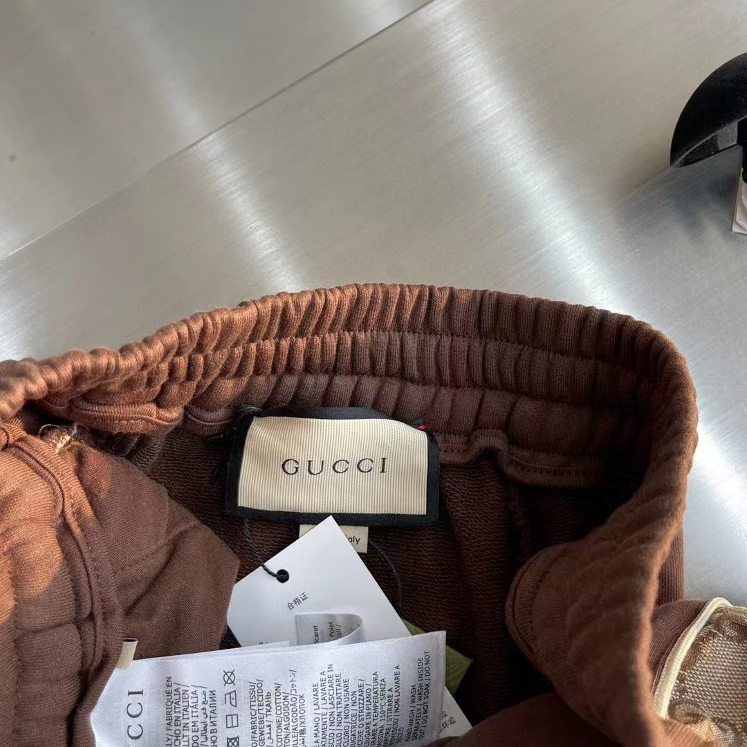 Gucci Men Cotton Jersey Sweatpants Brown Light GG Canvas Elastic Cuffs Relaxed Fit