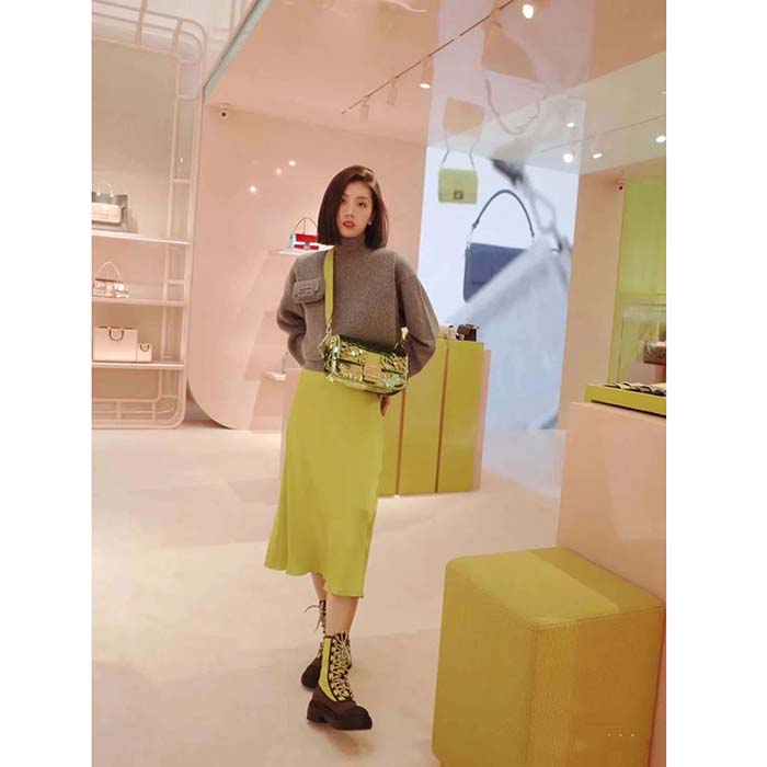 Fendi Women FF Domino Biker Boots Acid Green Nylon Polyamide Polyester 5 Cm Heel