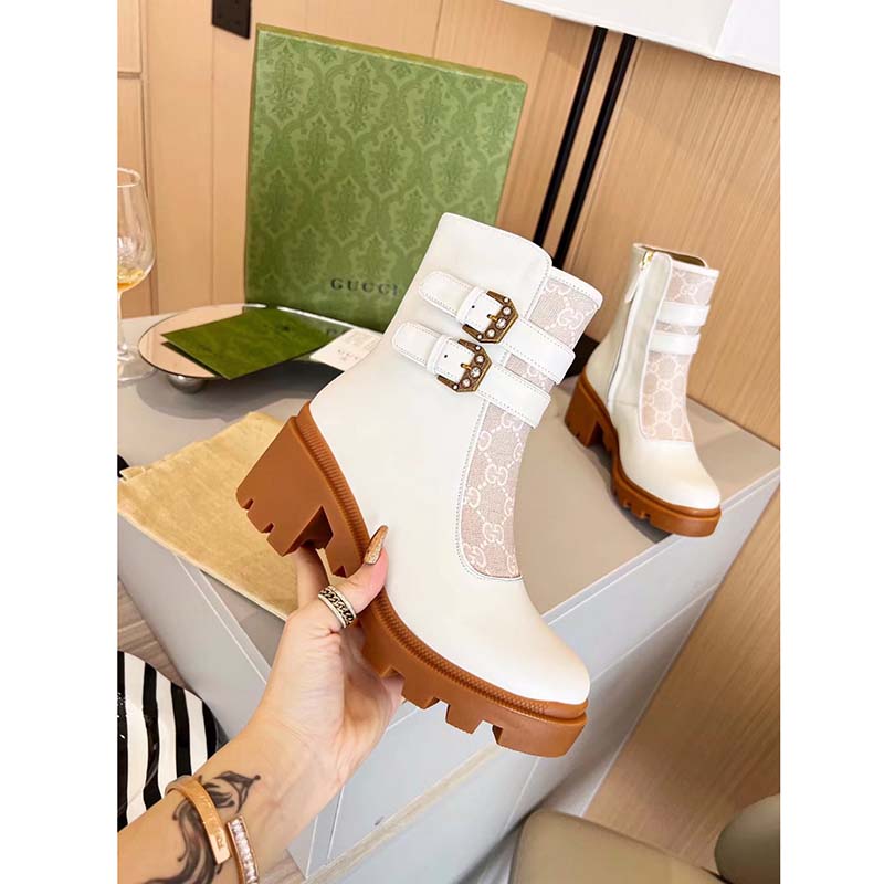 Gucci Women GG Ankle Boot Buckles White Leather Rubber Sole Mid-Heel