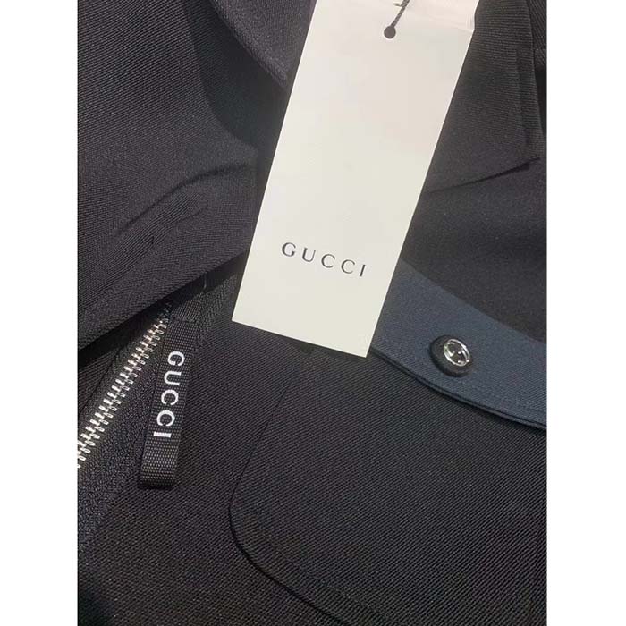 Gucci Women GG Fine Wool Crêpe Jacket Black Satin Unlined Notch Lapel Three Front Pockets