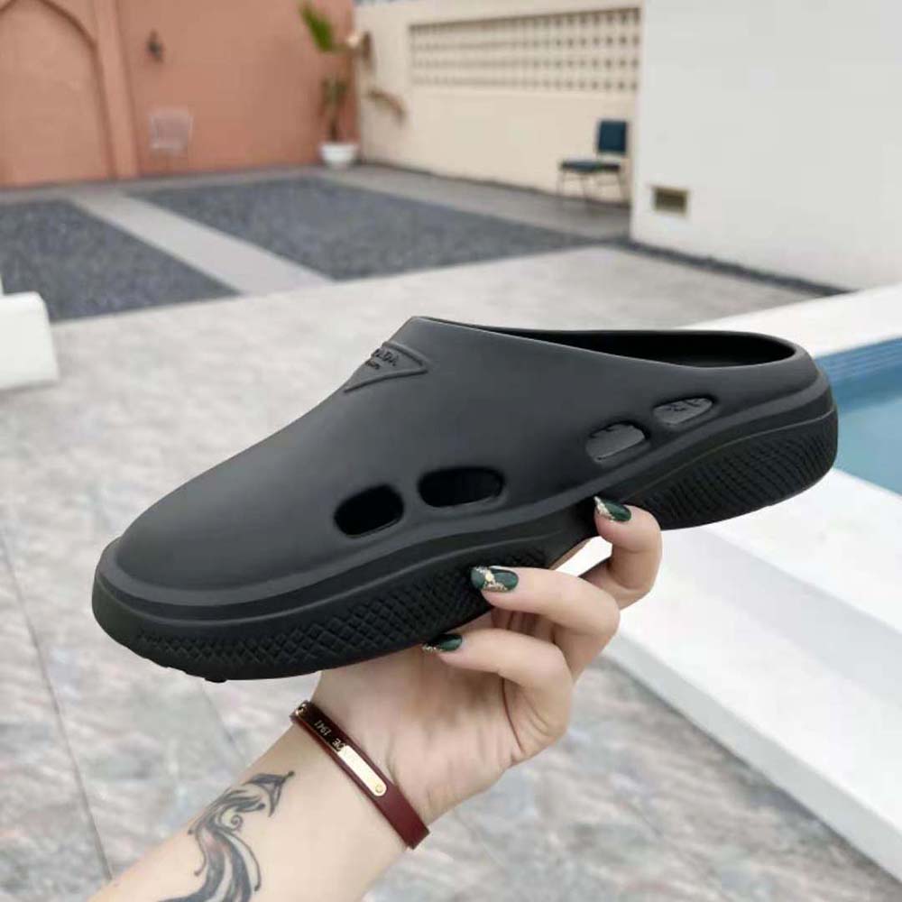 Prada Women Foam Rubber Mules With Embossed Rubber Triangle Logo-Black