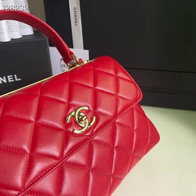 Chanel Women Flap Bag Top Handle Smooth Calfskin Gold-Tone Metal Red