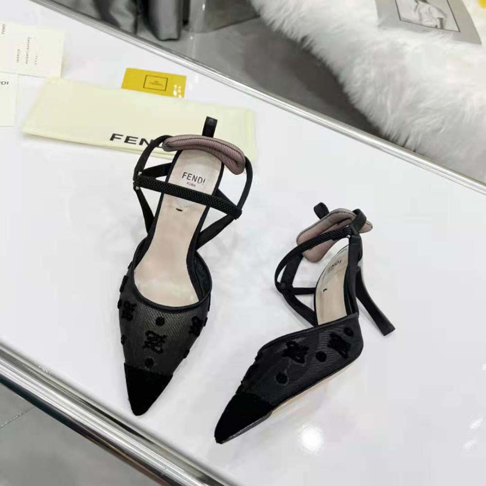 Fendi Women Colibri Lite High-Heeled Black Mesh and FF Karligraphy Slingbacks