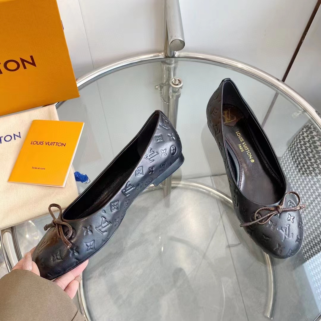 Louis Vuitton LV Women Nina Flat Ballerina Black Monogram Embossed Calf Leather Canvas Bow