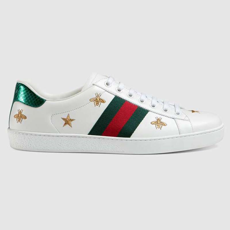 Gucci Men’s Ace Embroidered Sneaker in White Leather with Bees and Stars