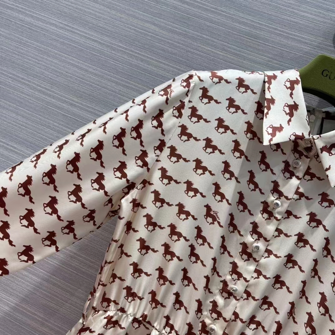Gucci Women GG Diagonal Horses Print Silk Dress Point Collar Long Sleeves Rear Vent