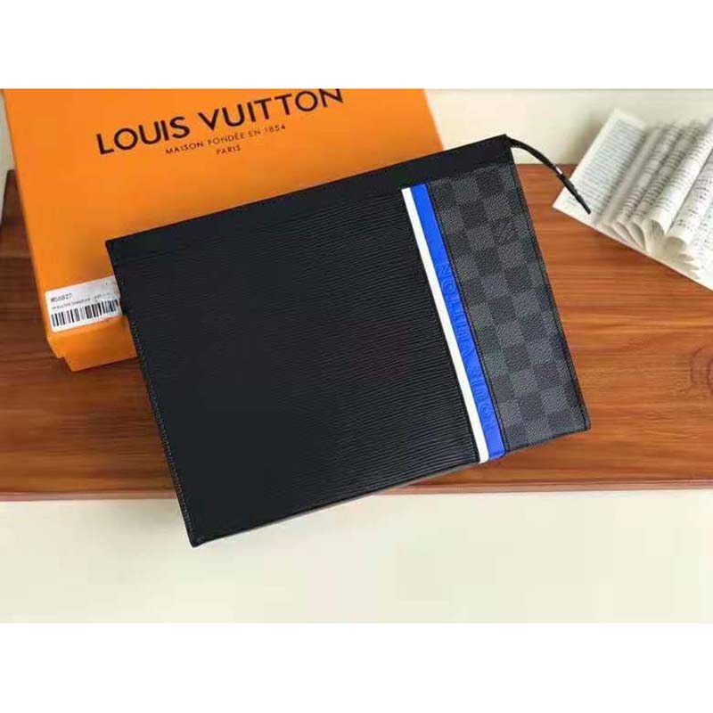Louis Vuitton LV Unisex Pochette Voyage MM Black Epi Leather Damier Graphite Canvas