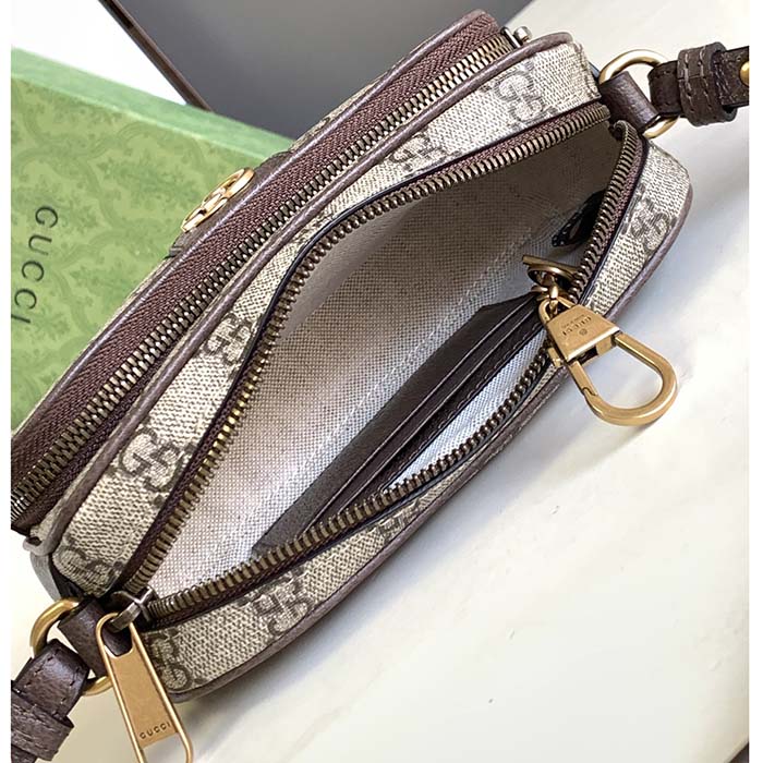 Gucci Unisex Ophidia Mini Bag Beige Ebony GG Supreme Canvas Brown Leather