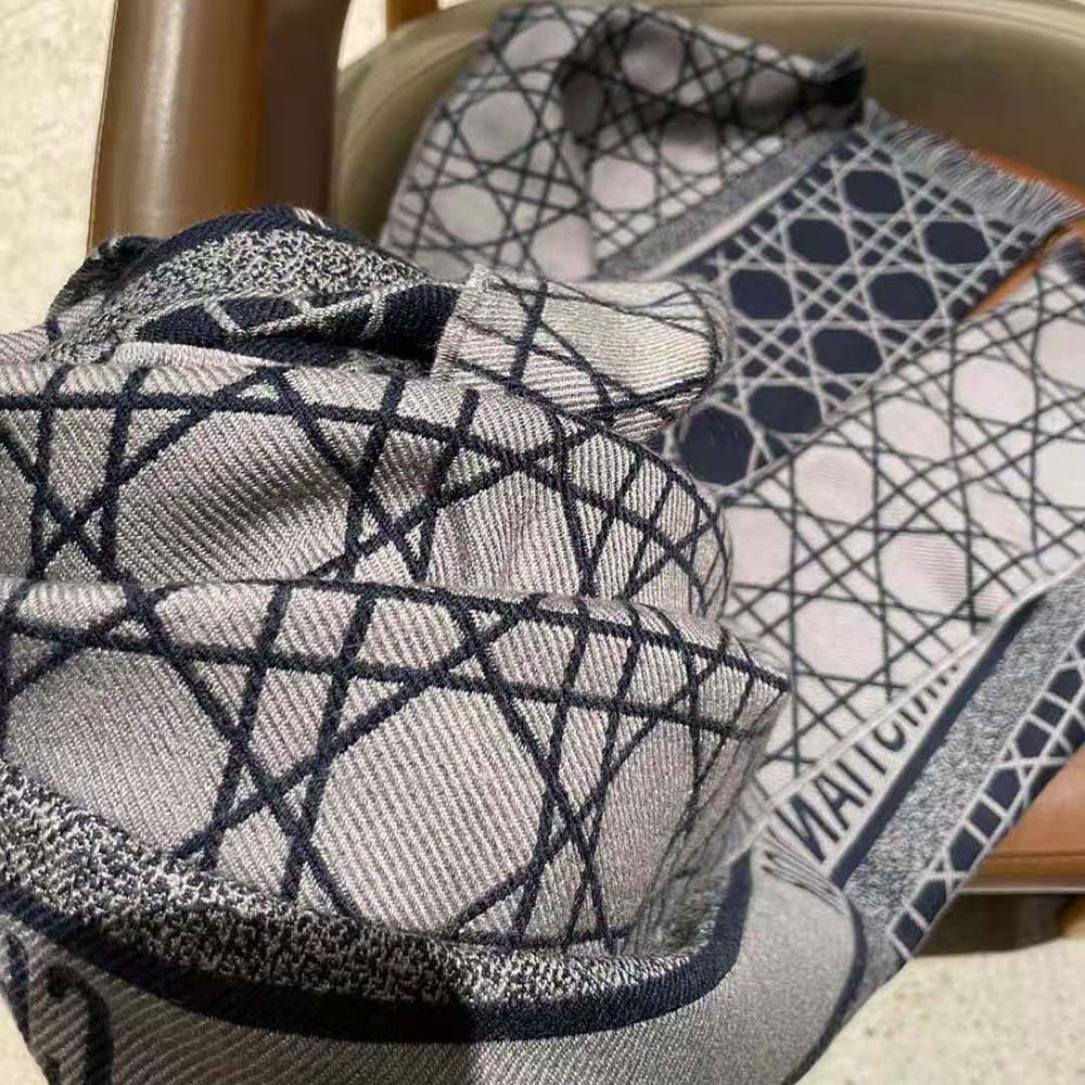 Dior Unisex Cannage Scarf Navy Blue and Gray Cashmere and Virgin Wool