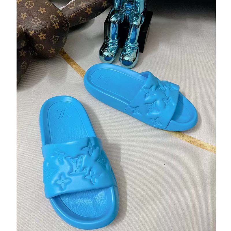 Louis Vuitton LV Unisex Waterfront Mule Blue Monogram Embossed Rubber Waterproof