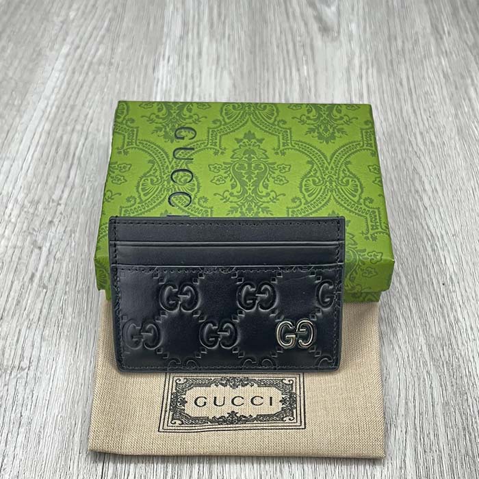 Gucci Unisex GG Gucci Signature Card Case Black Leather Metal Four Card Slots