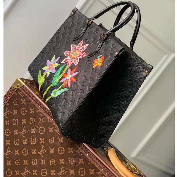 Louis Vuitton LV Women LV x YK OnTheGo MM Black Embossed Grained Monogram Cowhide Leather Flower