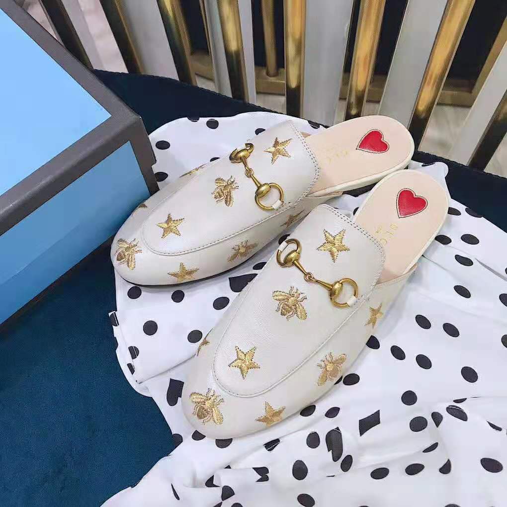 Gucci Women Princetown Embroidered Leather Slipper 1.27cm Heel-White