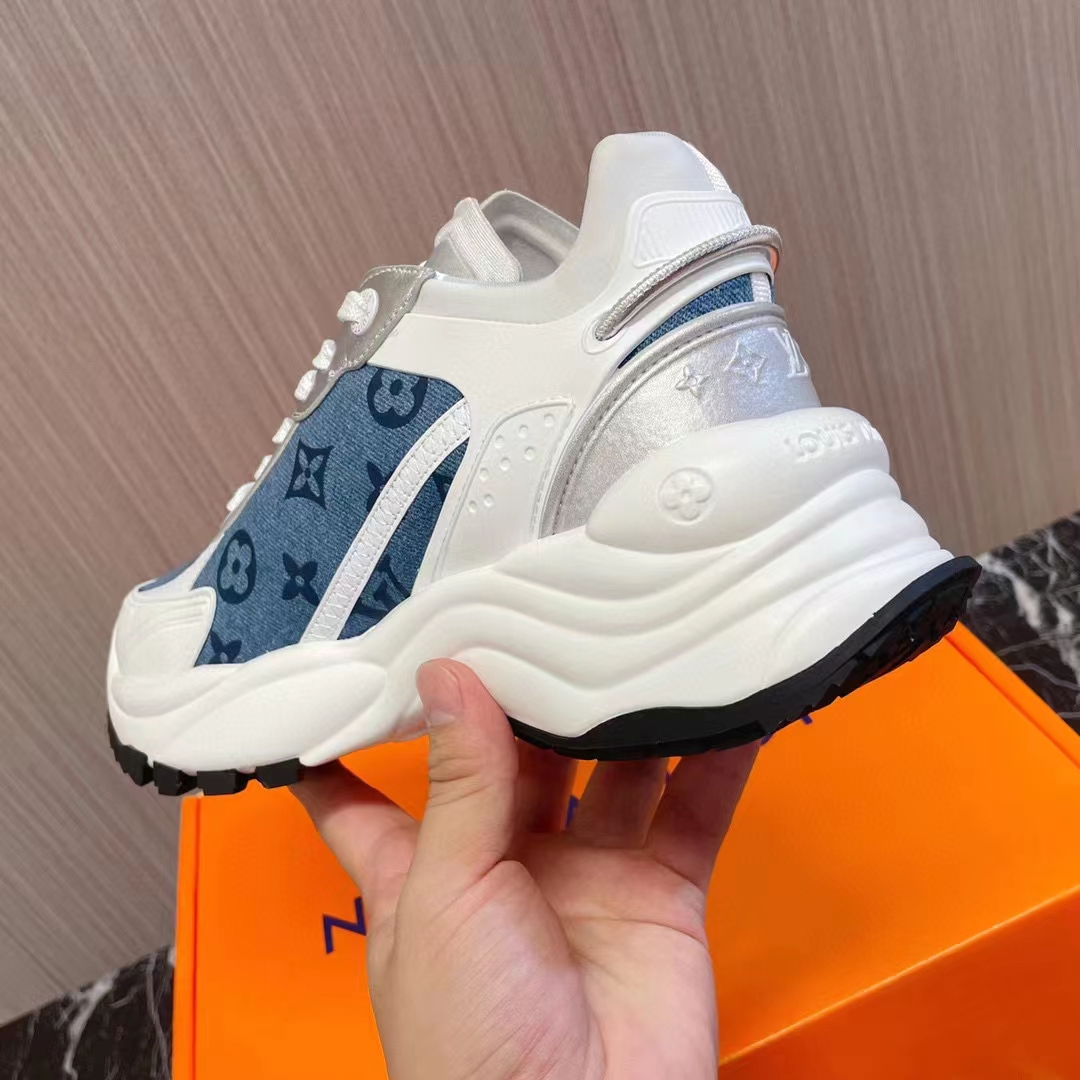 Louis Vuitton Unisex Run 55 Sneaker Denim Blue Monogram Flowers Lifted Rubber LV Circle Initials