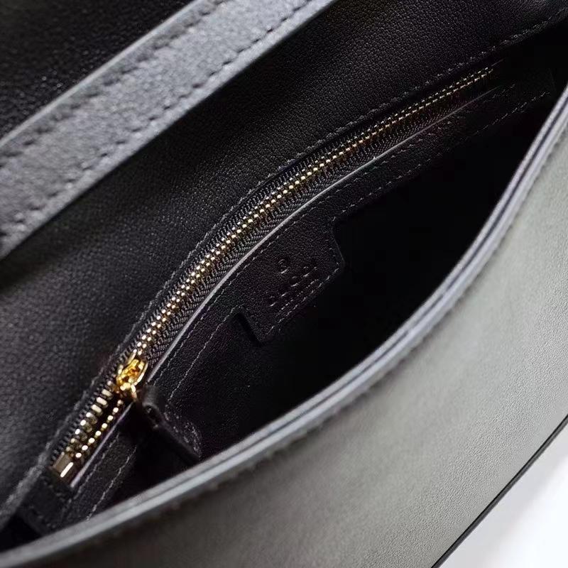 Gucci Women GG Blondie Shoulder Bag Black Leather Round Interlocking G