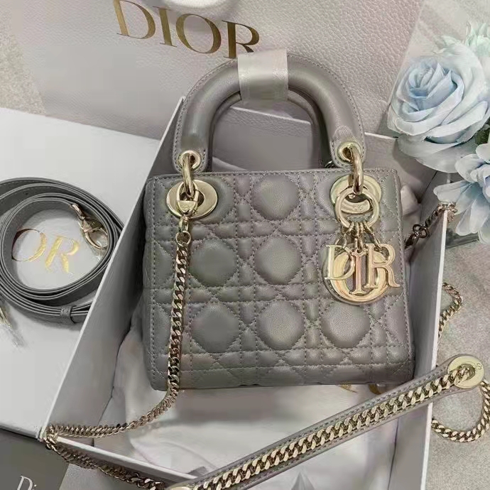 Dior Women CD Mini Lady Dior Bag Opaline Gray Pearlescent Cannage Lambskin