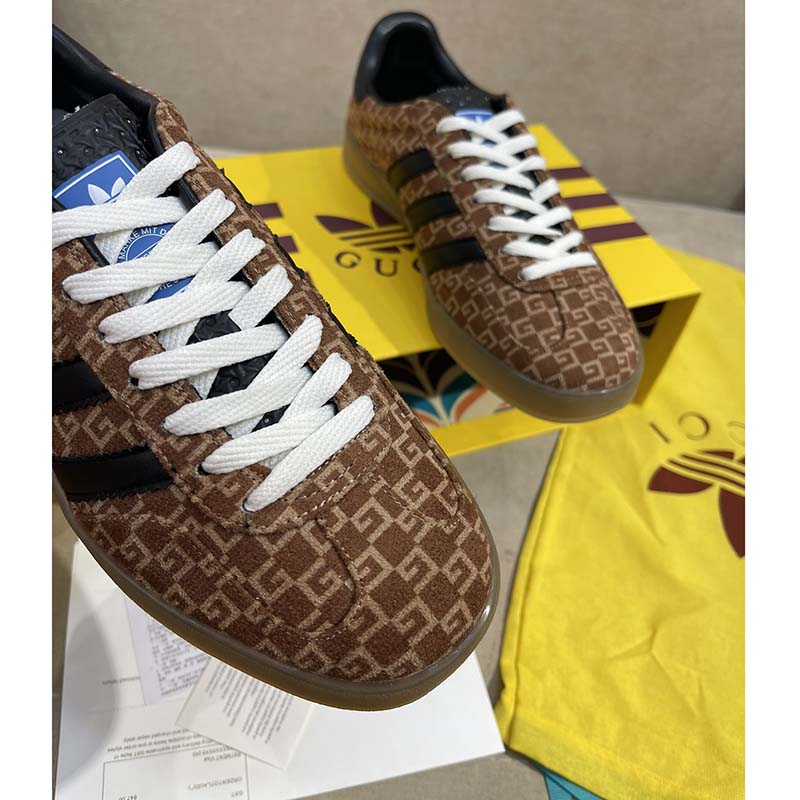 Gucci Unisex Adidas x Gucci Gazelle Sneaker Brown Black Square G Suede Leather Low Heel