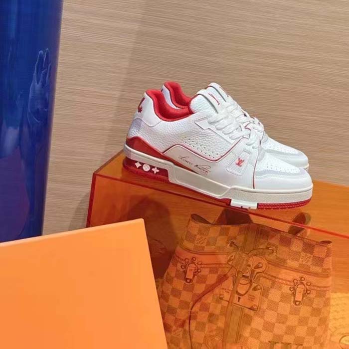 Louis Vuitton Unisex LV Trainer Sneaker Red Grained Calf Leather Rubber Initials
